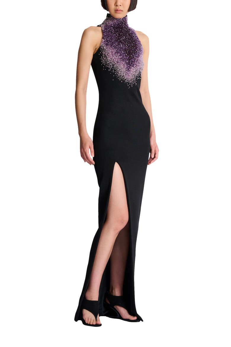 Milano jersey halterneck dress with "Amethyst" embroidery, Main, color, black
