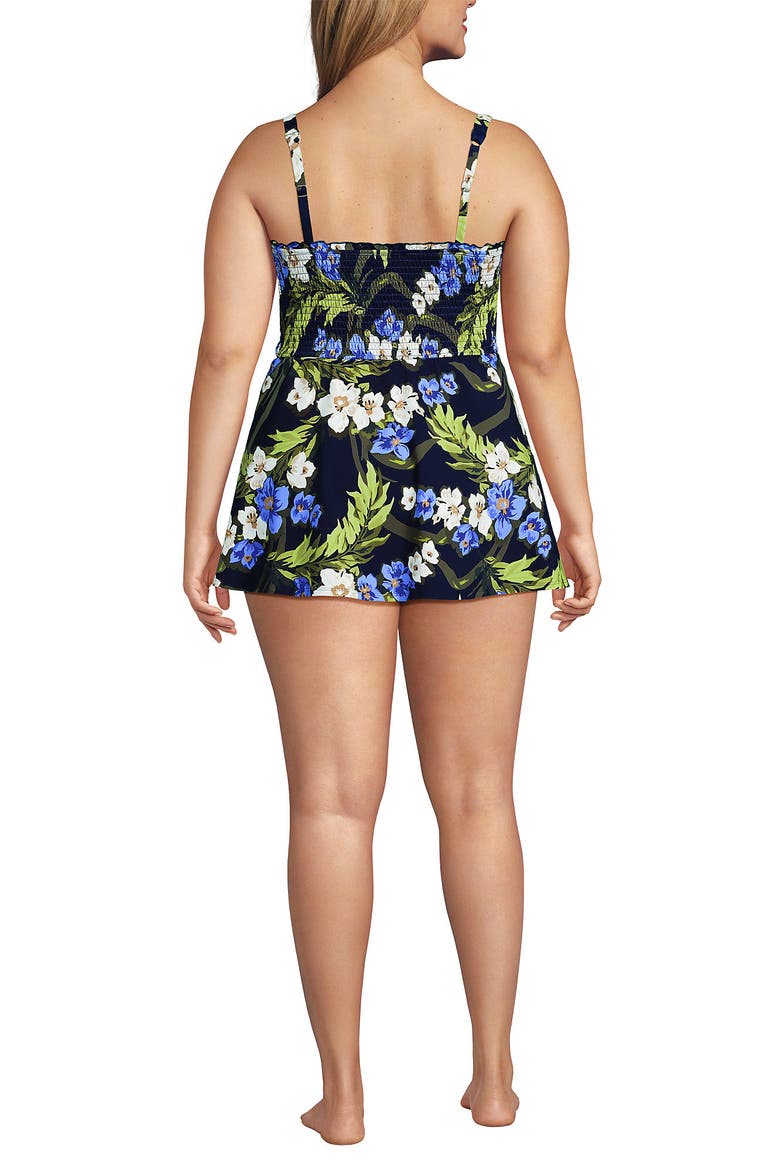 Womens Plus Size Square Neck Smocked Mini Swim Dress, Alternate, color, Deep Sea/Blue Floral Tropic