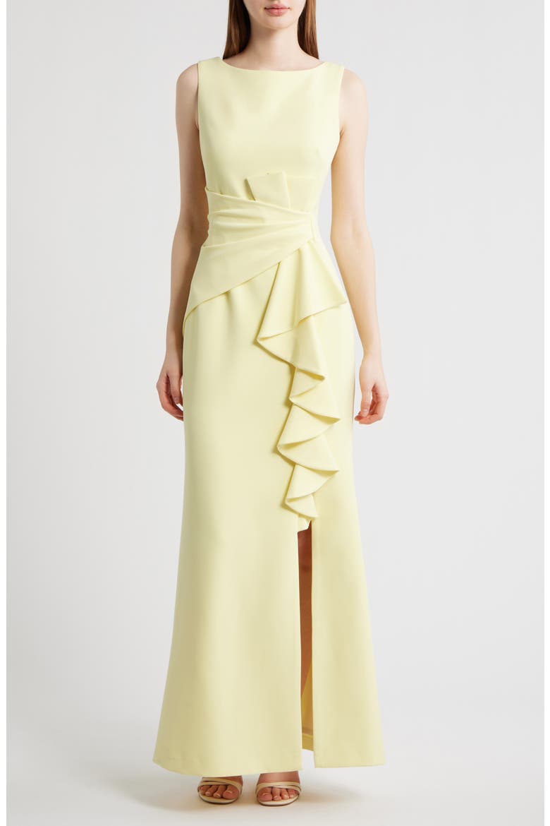 Cascade Ruffle Sleeveless Gown, Main, color, BUTTER