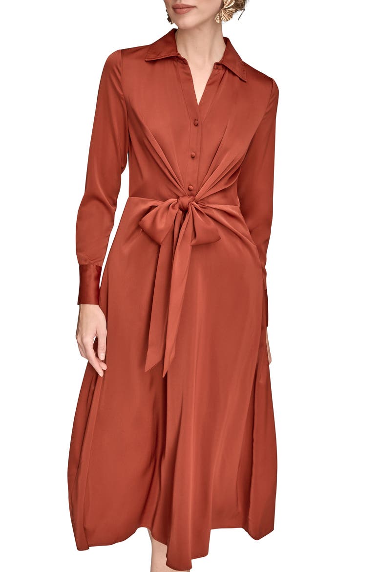 Long Sleeve Satin Midi Shirtdress, Alternate, color, CINNABAR