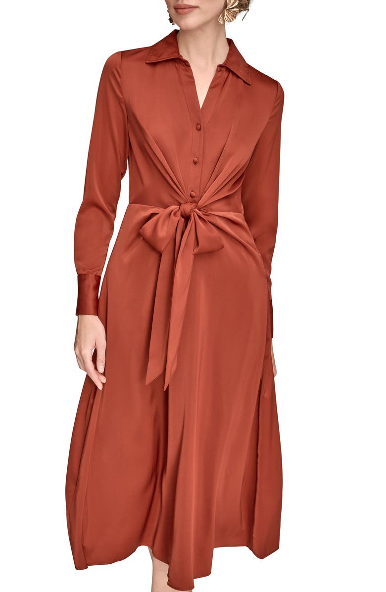 Donna Karan New York Long Sleeve Satin Midi Shirtdress, Alternate, color, Cinnabar