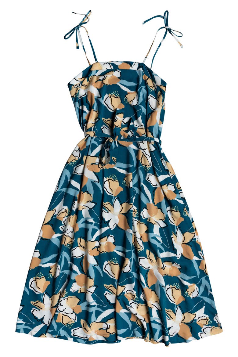 Nowhere To Hide Tie Shoulder Floral Print Midi Dress, Main, color, CORSAIR RACHELE