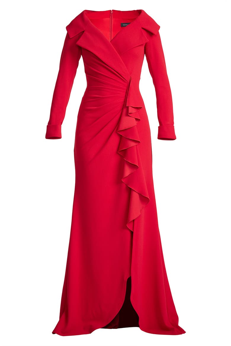 Cascade Ruffle Long Sleeve Gown, Alternate, color, RED ROCK