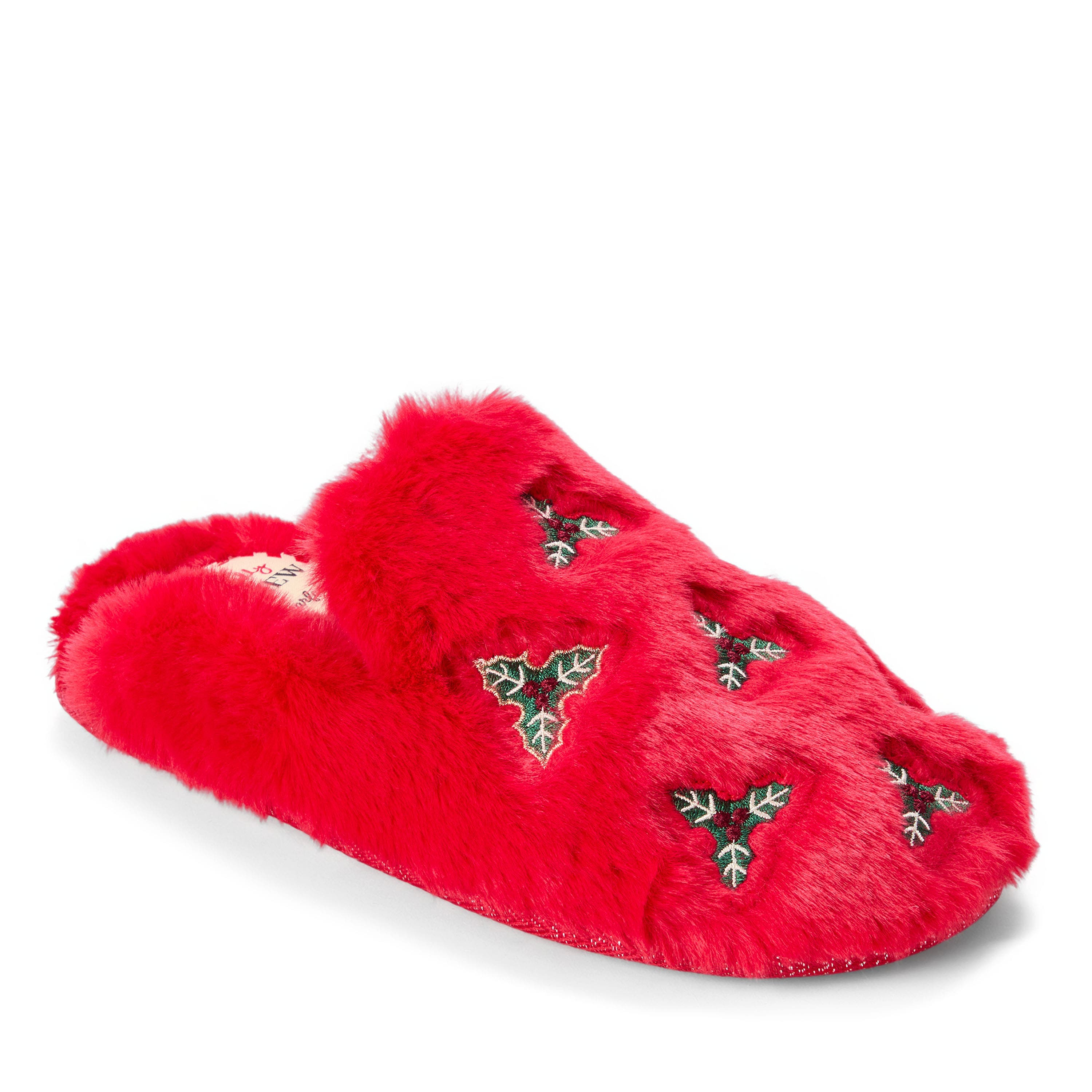 Holiday Fur Shaped Tab Scuff Slippers, Main, color, CAYENNE