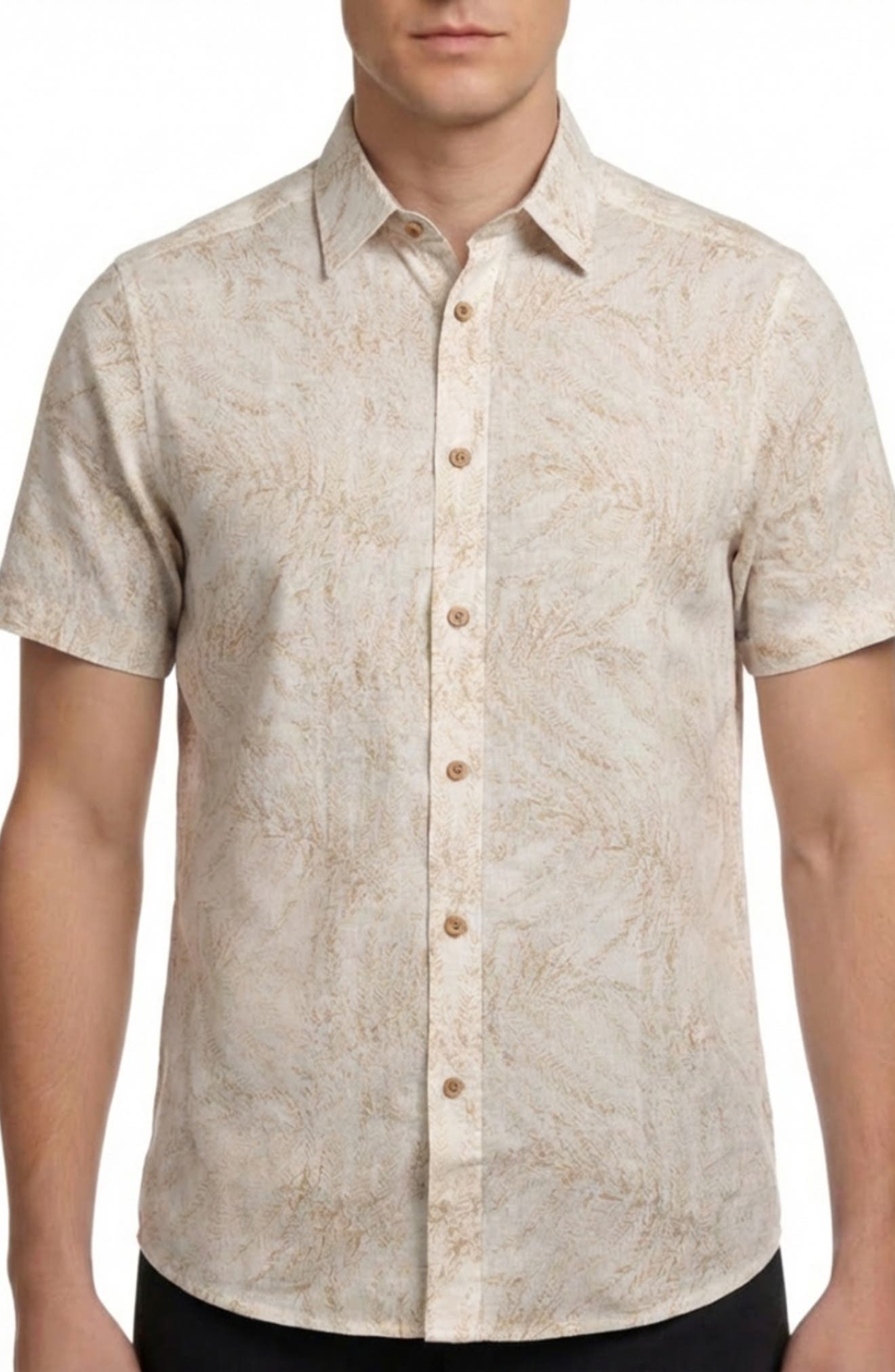Report Collection Tropical Print Short Sleeve Linen & Cotton Button-Up Shirt