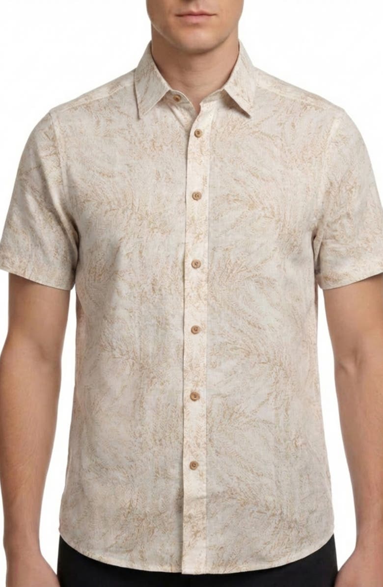 Report Collection Tropical Print Short Sleeve Linen & Cotton Button-Up Shirt, Main, color, Beige