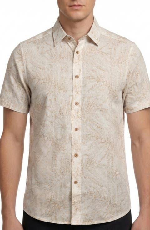 Tropical Print Short Sleeve Linen & Cotton Button-Up Shirt