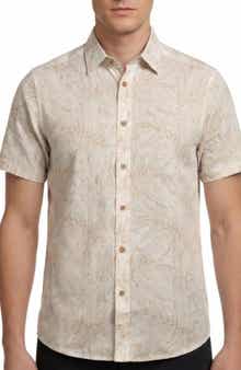 Report Collection Tropical Print Short Sleeve Linen & Cotton Button-Up Shirt