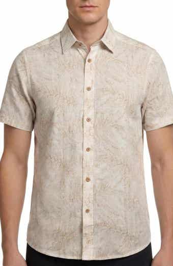 Report Collection Tropical Print Short Sleeve Linen & Cotton Button-Up Shirt