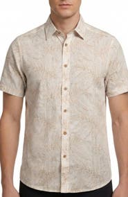Report Collection Tropical Print Short Sleeve Linen & Cotton Button-Up Shirt