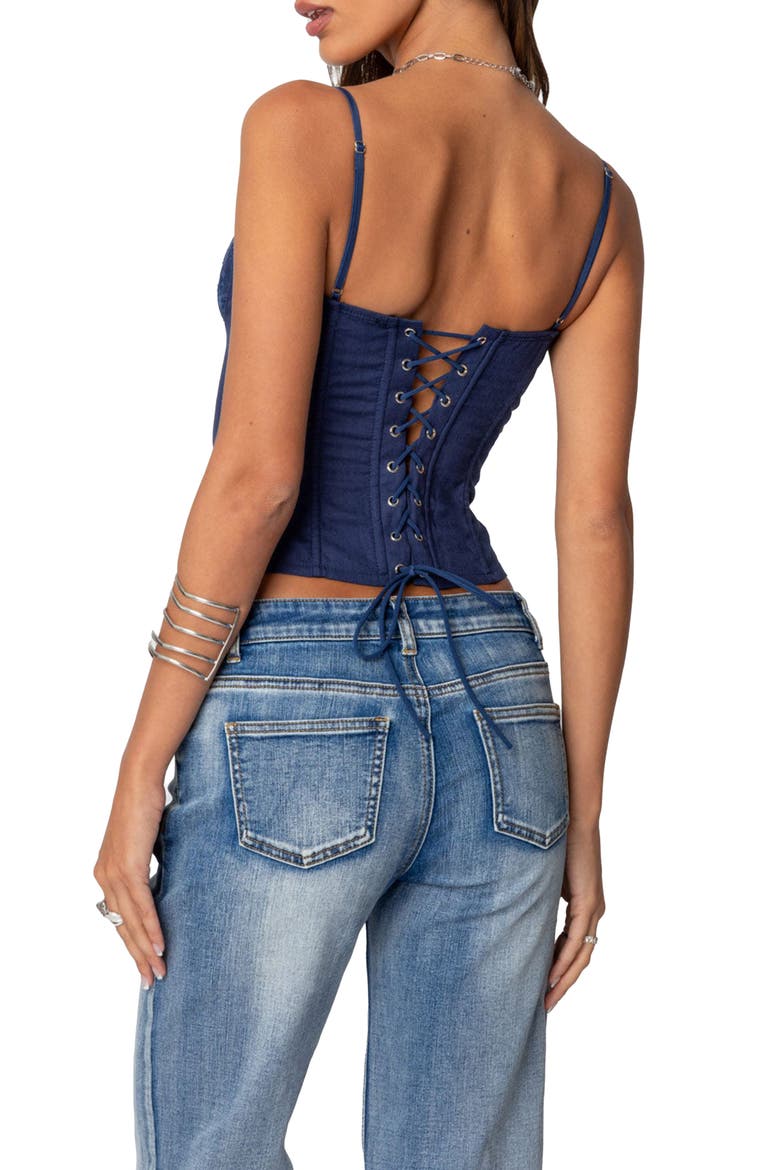 Avena Lace Panel Linen & Cotton Corset Top, Alternate, color, NAVY