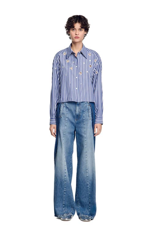 Sandro Womens Bleus Striped Rhinestone-embellished Cotton Shirt In Blue