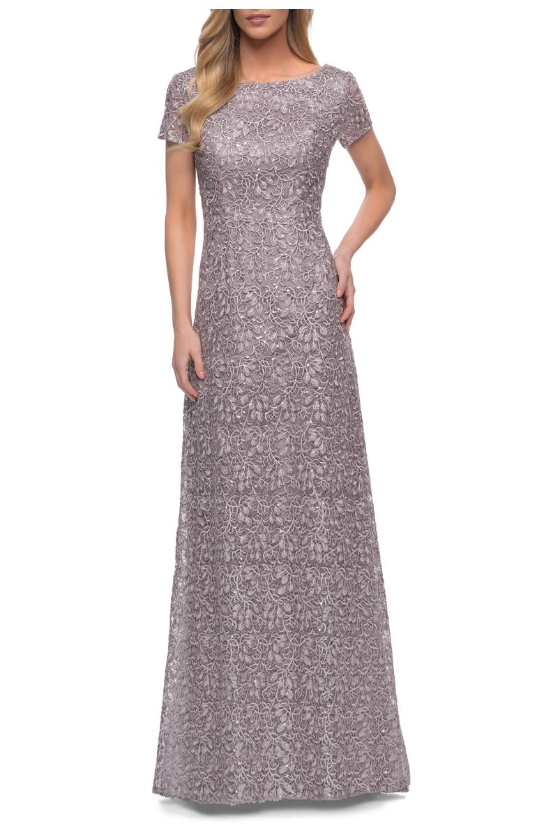 La Femme Embroidered Lace Long Gown with Short Sleeves, Alternate, color, Dark Mauve