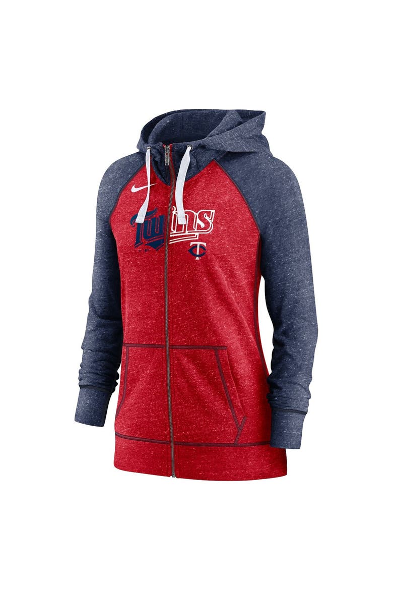 Women's Nike Heather Red/Heather Navy Minnesota Twins Split Wordmark Gym Vintage Raglan Lightweight Full-Zip Hoodie, Alternate, color, Red