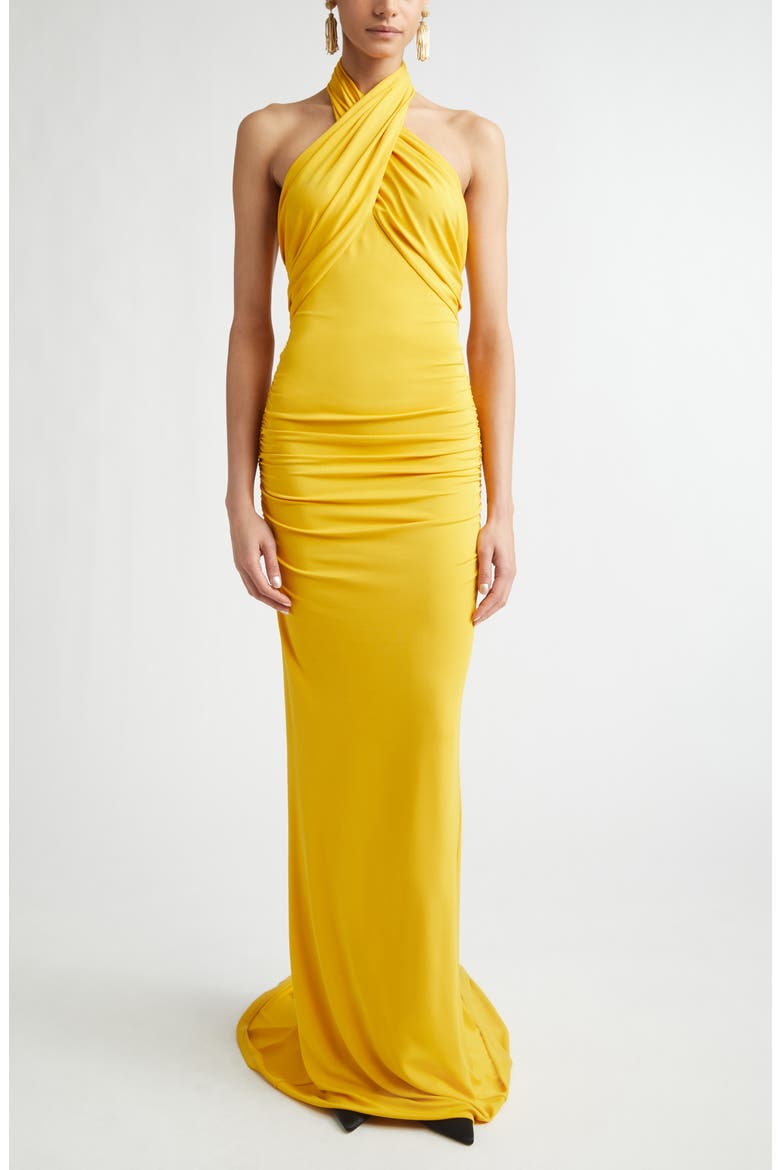 Crisscross Halter Gown, Main, color, SAFFRON