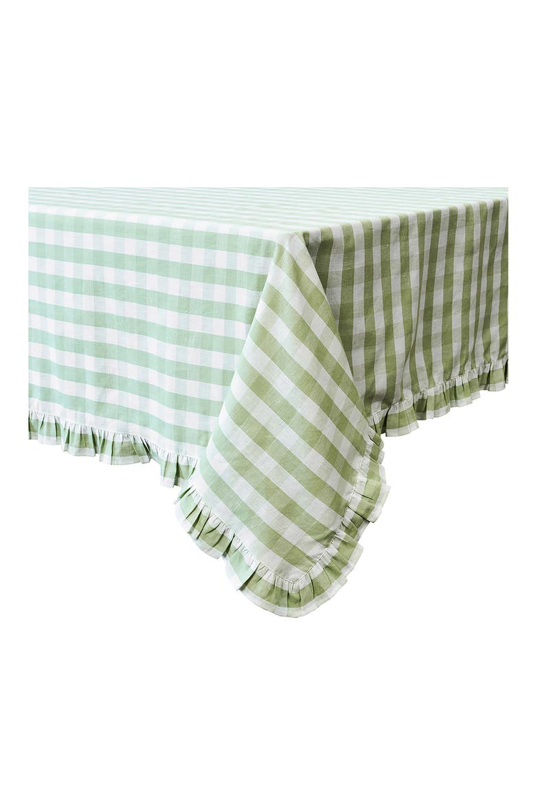 Gingham Ruffle Cotton & Linen Tablecloth, Alternate, color, SEAGRASS
