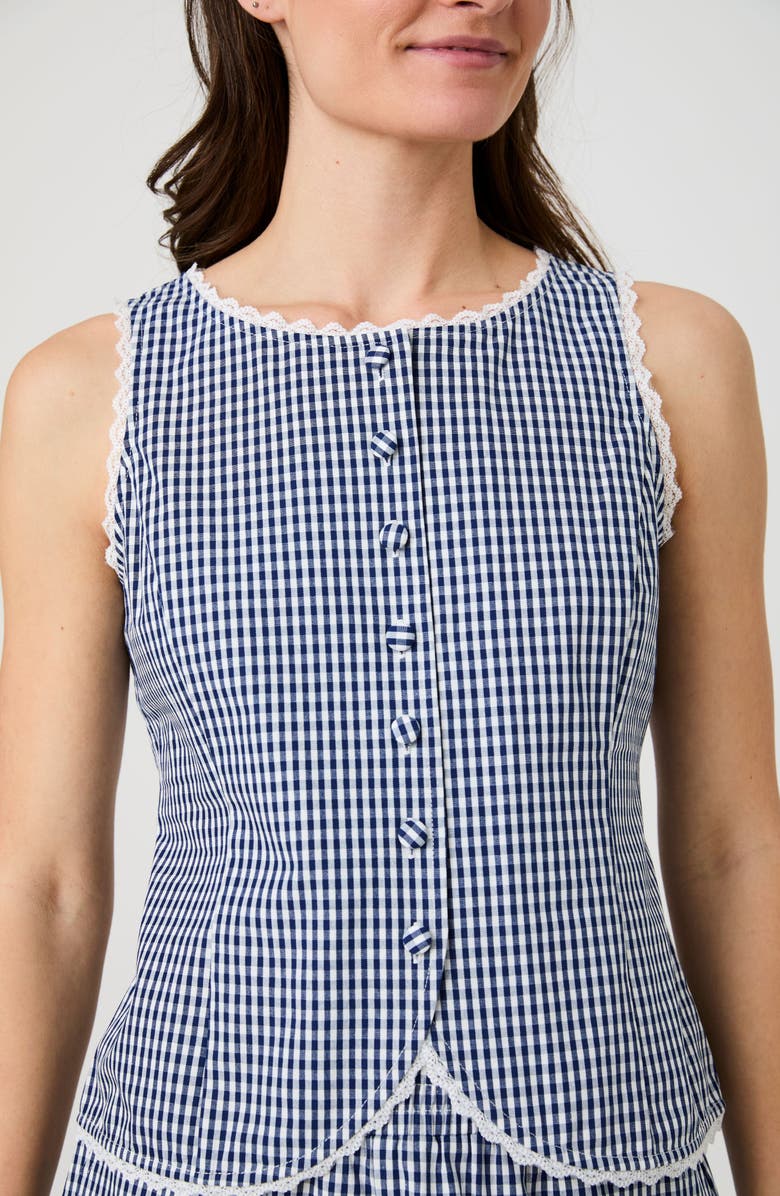 French Connection Lace Trim Gingham Vest, Alternate, color, Navy/ White Gingham