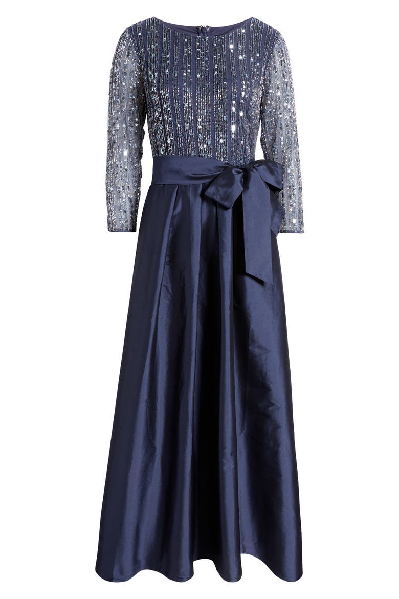 Bow Long Sleeve Sequin & Taffeta Gown, Alternate, color, DENIM