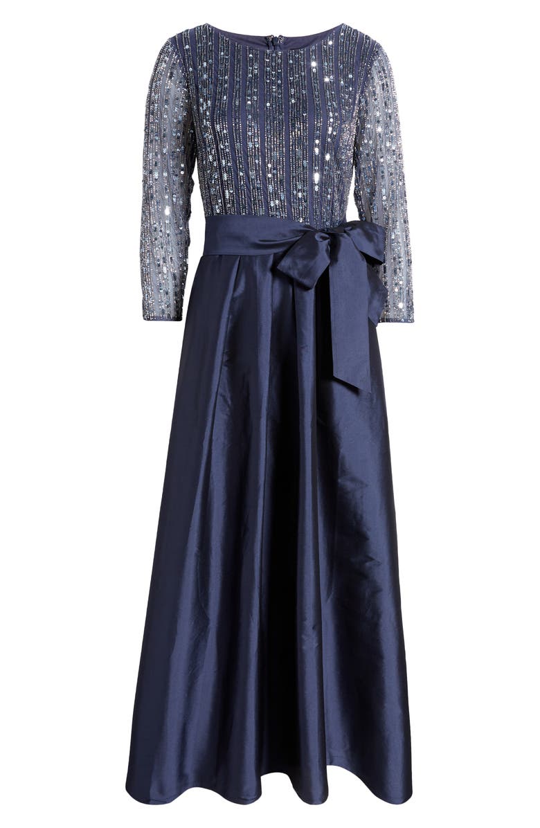 Pisarro Nights Bow Long Sleeve Sequin & Taffeta Gown, Alternate, color, Denim