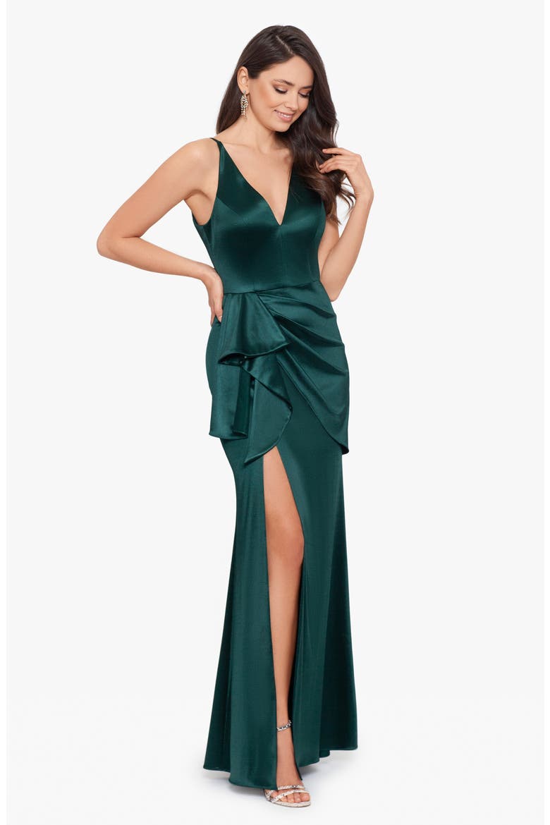 Glam Ruffle Satin Gown, Alternate, color, HUNTER