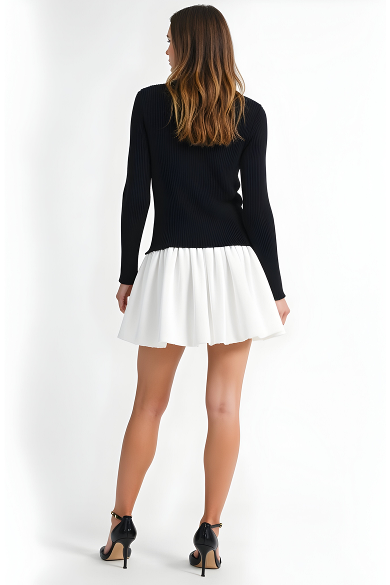 Knit and Woven Fit-and-Flare Mini Dress with Ribbed Long Sleeve Top, Alternate, color, Black / White