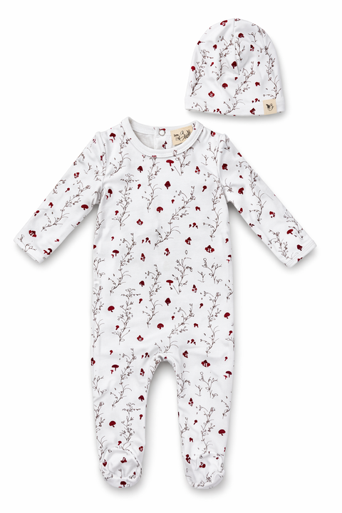 All Over Floral and Mushroom Print Romper with Hat