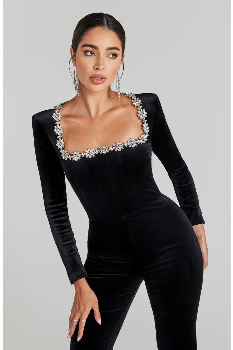 Kimberly Rhinestone Trim Velvet Jumpsuit, Alternate, color, BLACK