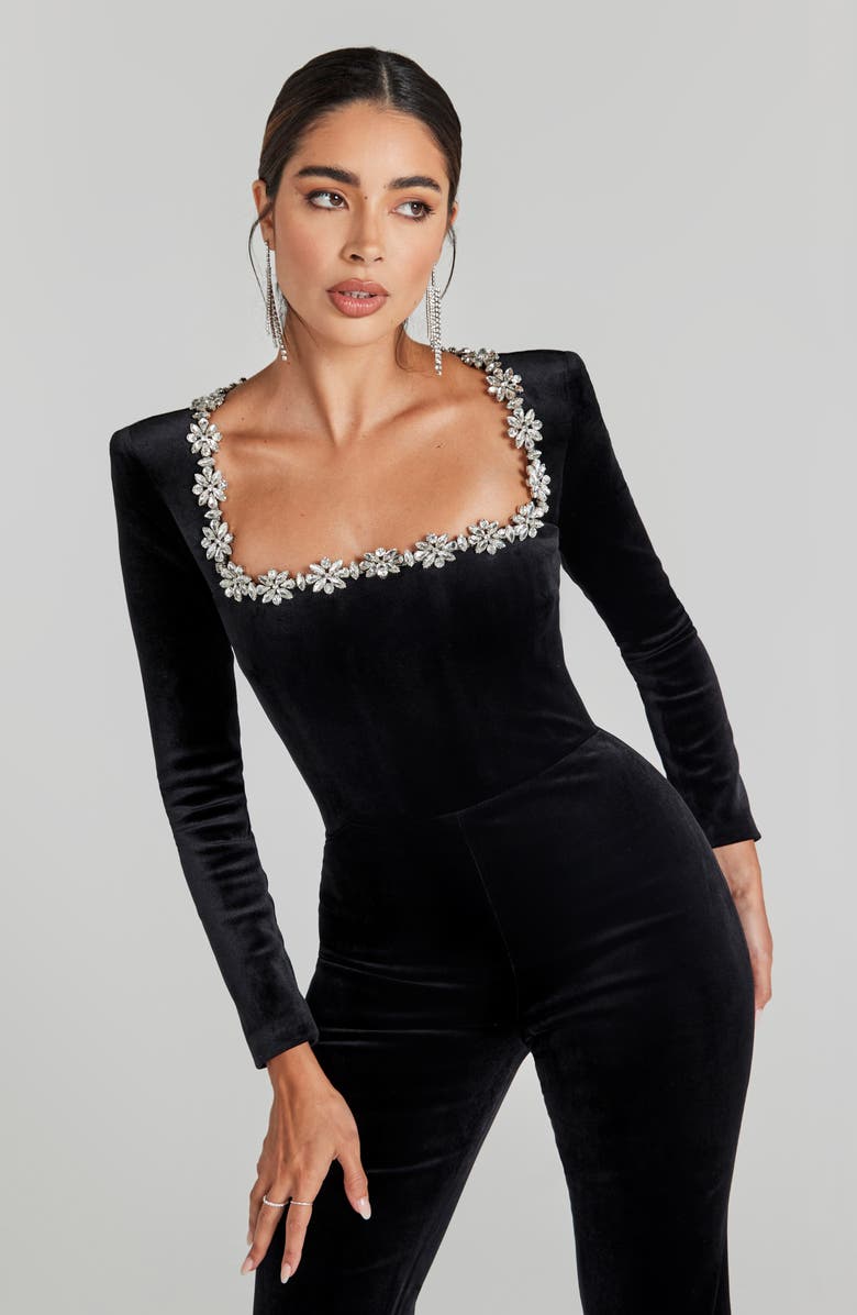 NADINE MERABI Kimberly Rhinestone Trim Velvet Jumpsuit, Alternate, color, Black