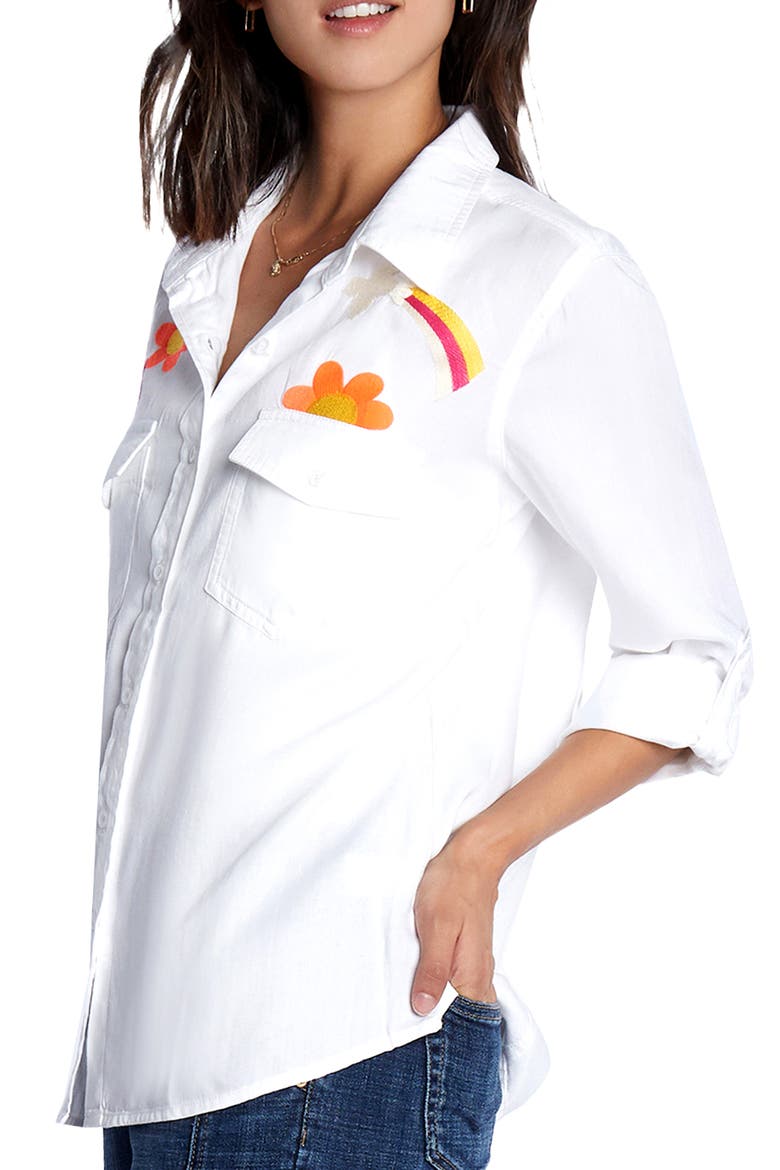 Peace & Love Embroidered Button-Up Shirt, Alternate, color, WHITE
