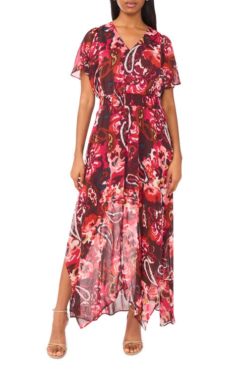 V-Neck Smocked Handkerchief Hem Maxi Dress