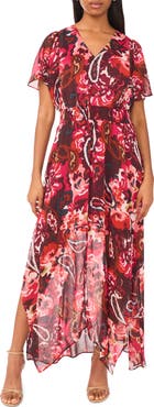 Halogen® V-Neck Smocked Handkerchief Hem Maxi Dress