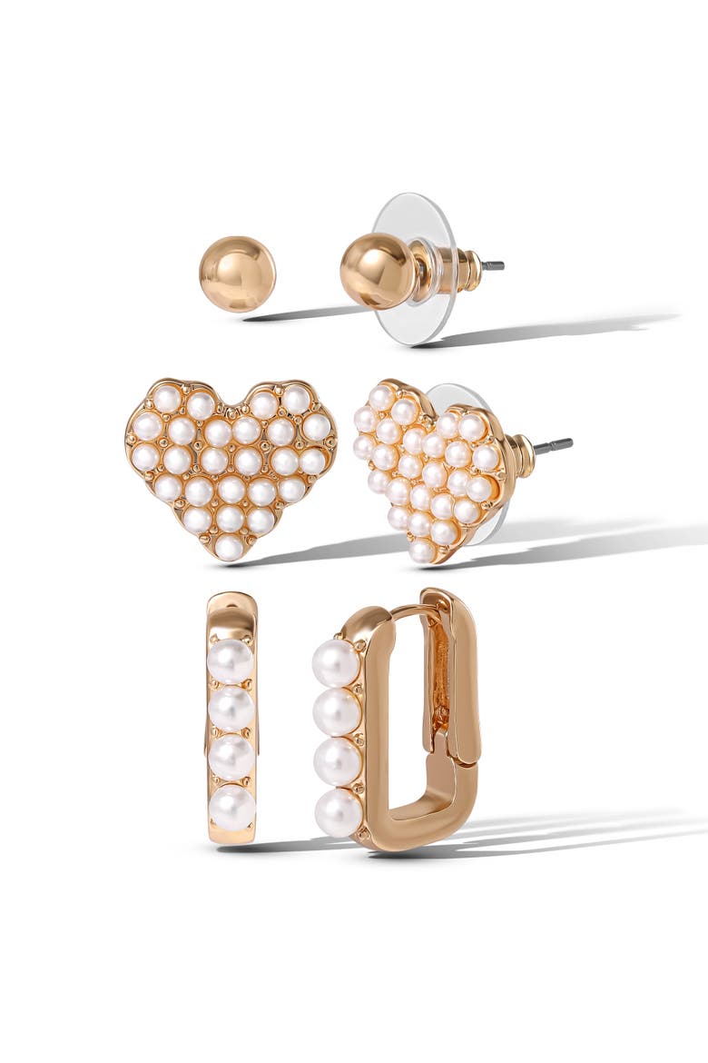 Pearl Stud Earring Set of 3, Alternate, color, Gold