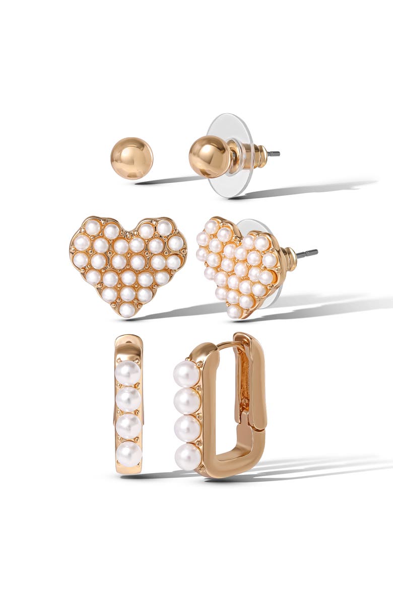 Jessica Simpson Pearl Stud Earring Set of 3, Alternate, color, Gold