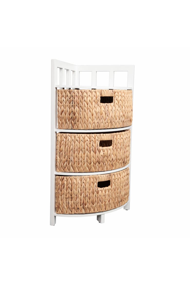 Quart Handcrafted Acacia Wood 3-Tier Corner Storage Cabinet with 3 Water Hyacinth Baskets, Main, color, White