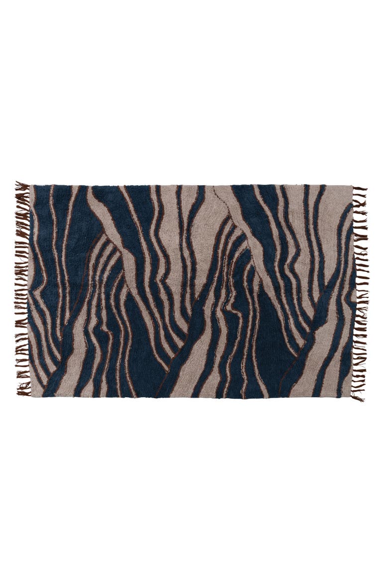 Cotton Tufted Rug with Wave Design and Fringe, Beige and Navy, Main, color, Blue
