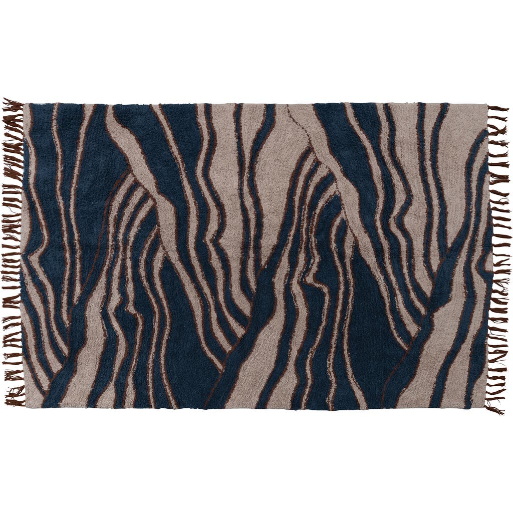 Storied Home Cotton Tufted Rug With Wave Design And Fringe, Beige And Navy In Blue