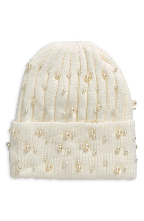 Tasha Imitation Pearl Pompom Beanie in Cream 