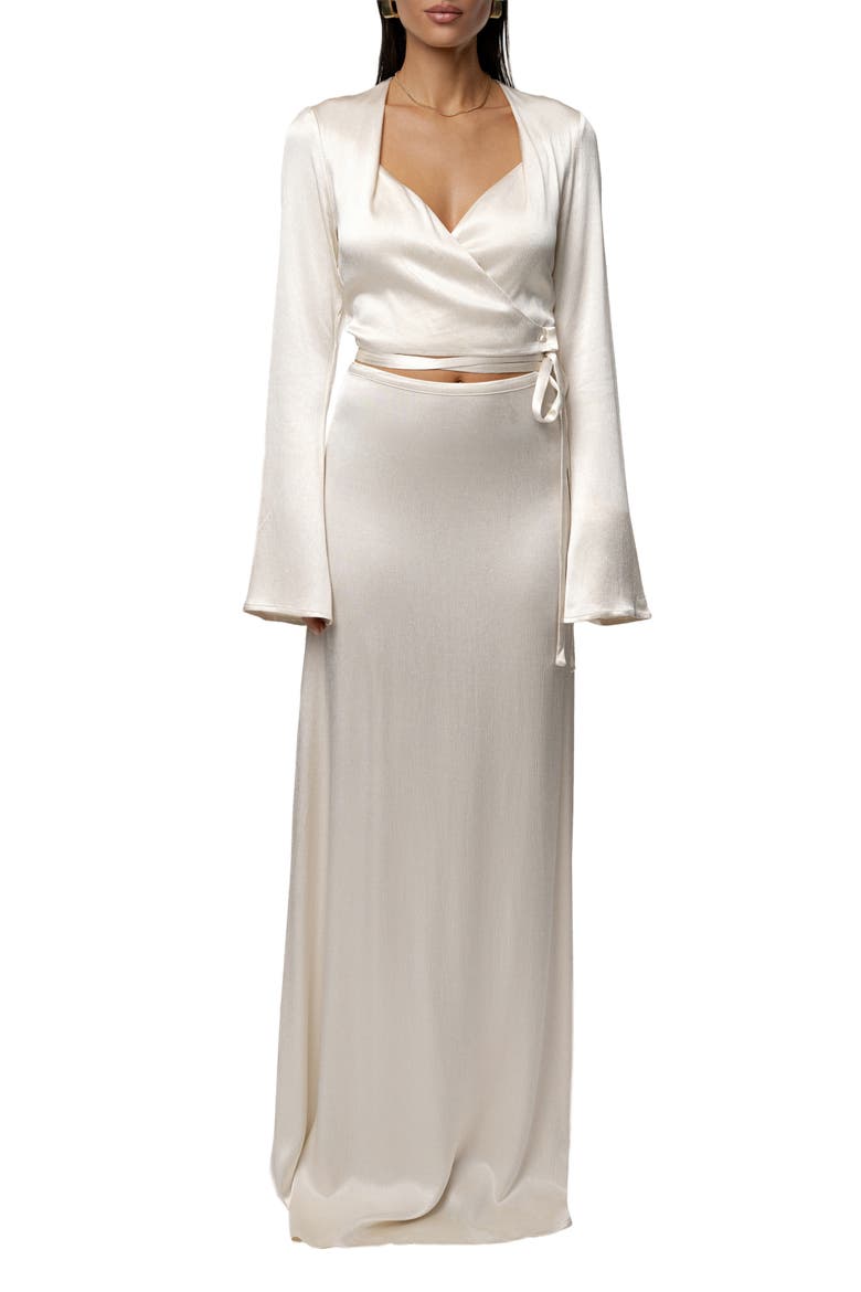 Golden Eve Satin Long Sleeve Top & Maxi Skirt Set, Main, color, IVORY