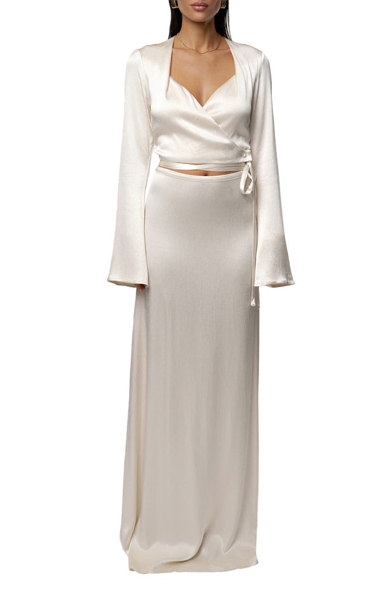JLUXLABEL Golden Eve Satin Long Sleeve Top & Maxi Skirt Set, Main, color, Ivory