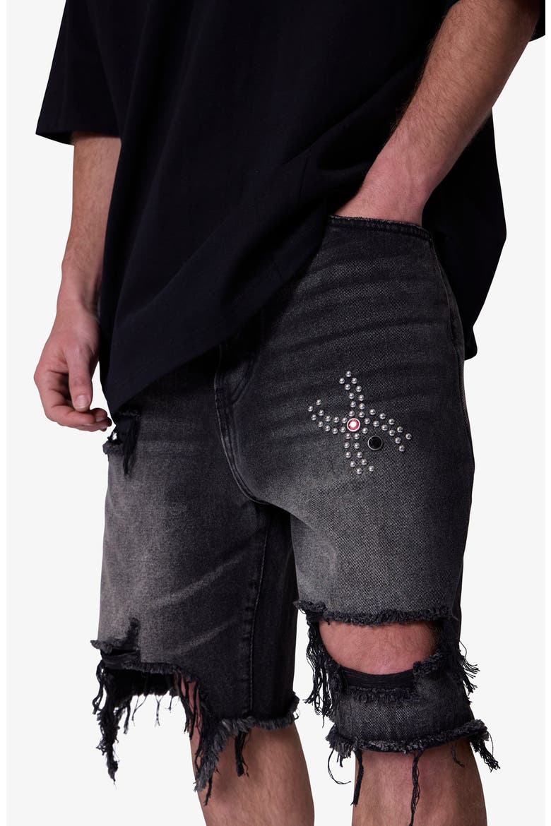 Distressed Spider Denim Shorts, Alternate, color, WASHED BLACK