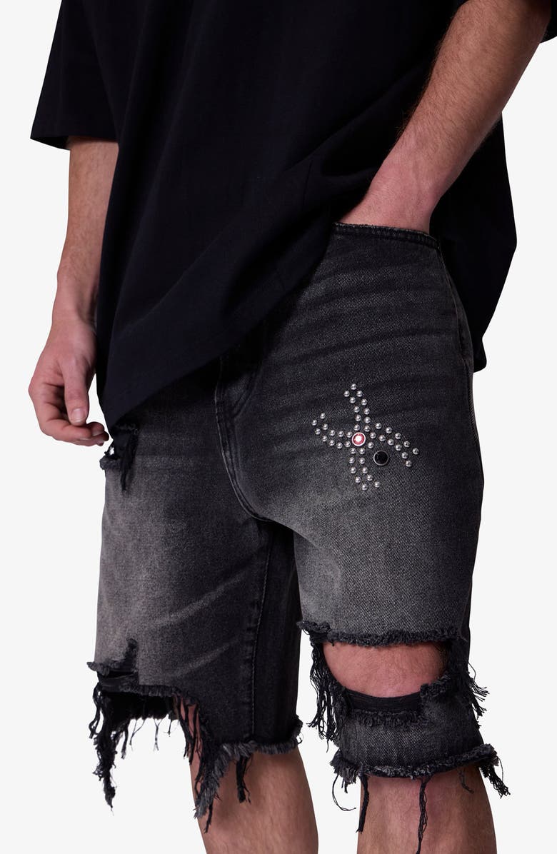mnml Distressed Spider Denim Shorts, Alternate, color, Washed Black