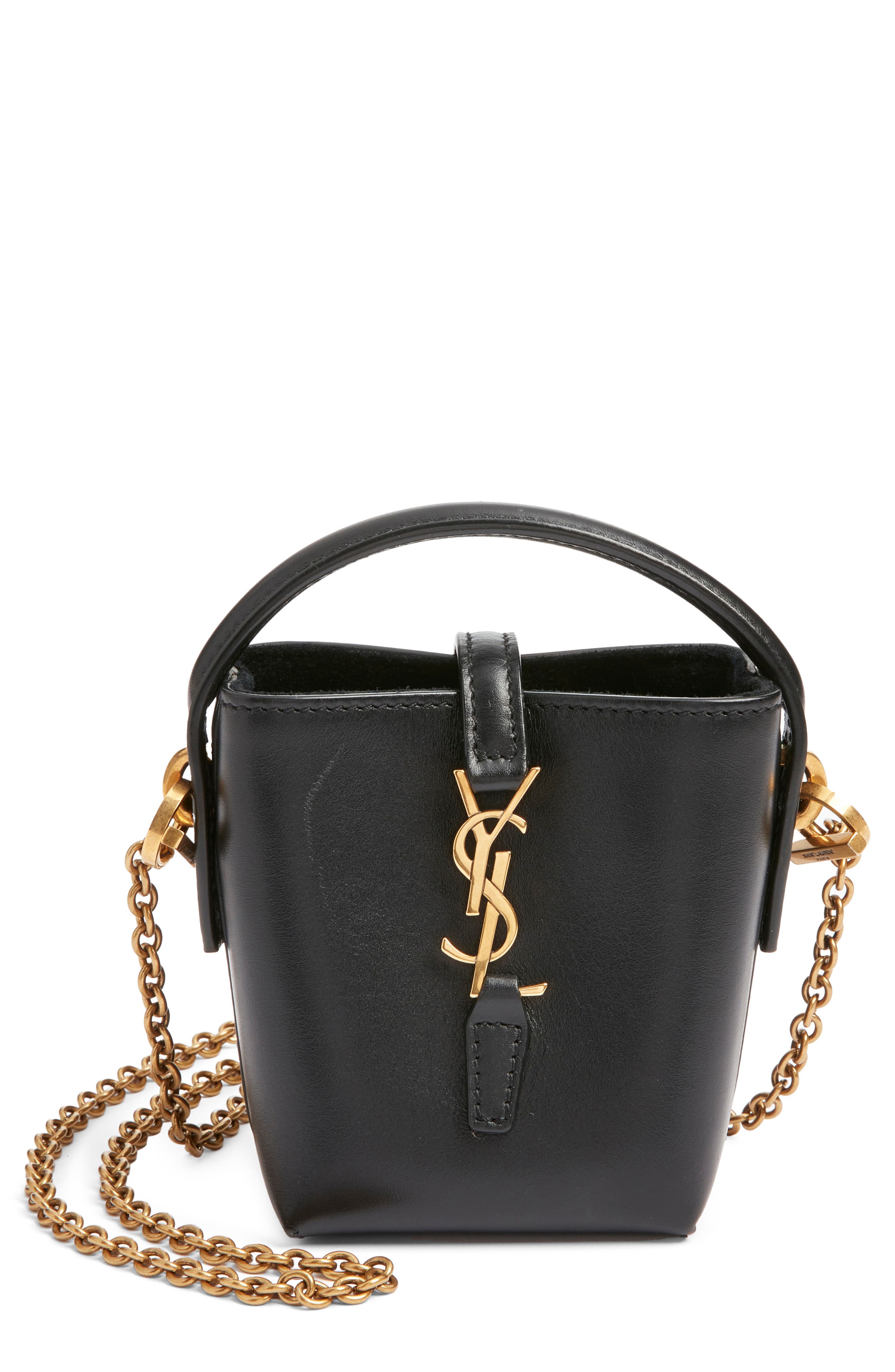 Saint Laurent Mini Cassandre Leather Bucket Bag, Main, color, Noir