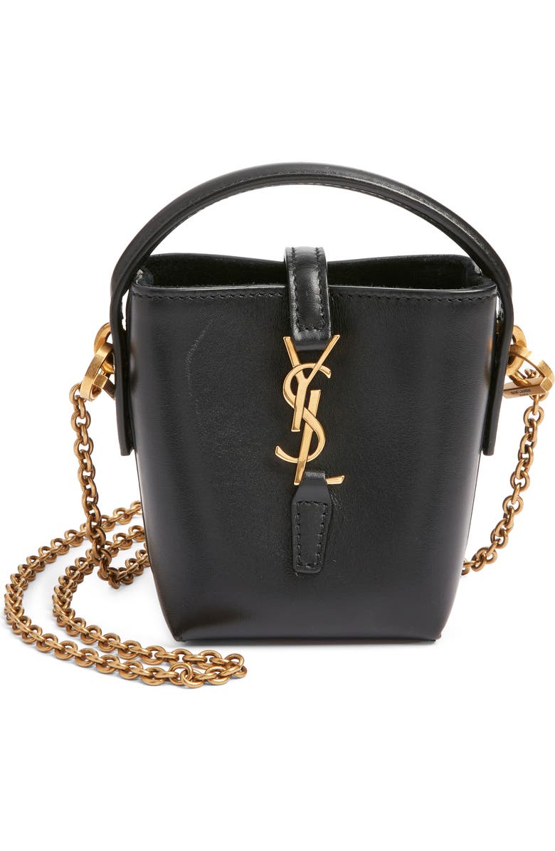 Saint Laurent Mini Cassandre Leather Bucket Bag, Main, color, Noir