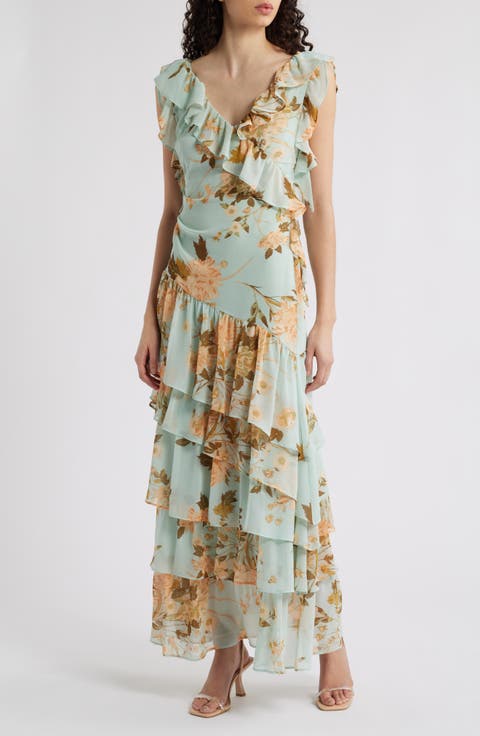 Cap Sleeve Cascading Ruffle Gown