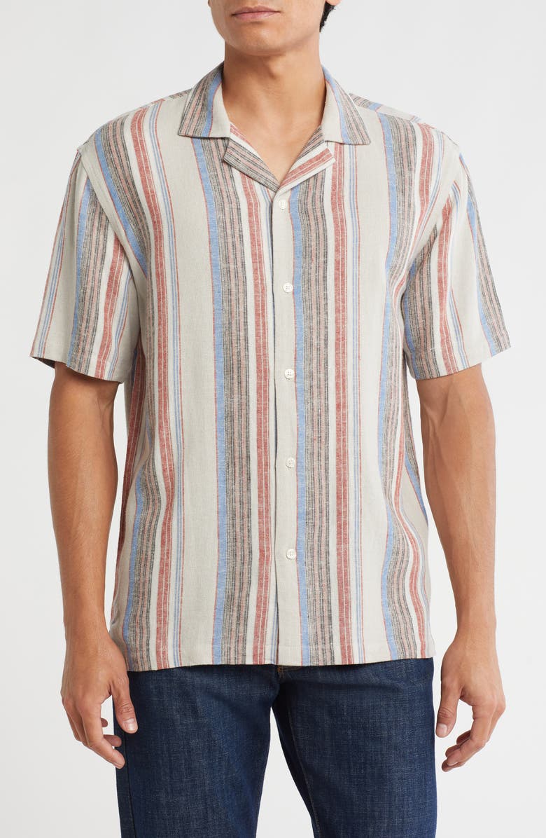 TRUTH Stripe Linen Blend Camp Shirt, Main, color, Multi Wide Barcode Stripe