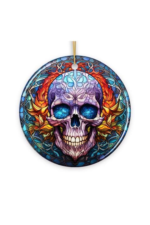 Grim Guardian Skull Stained Glass Style Ornament