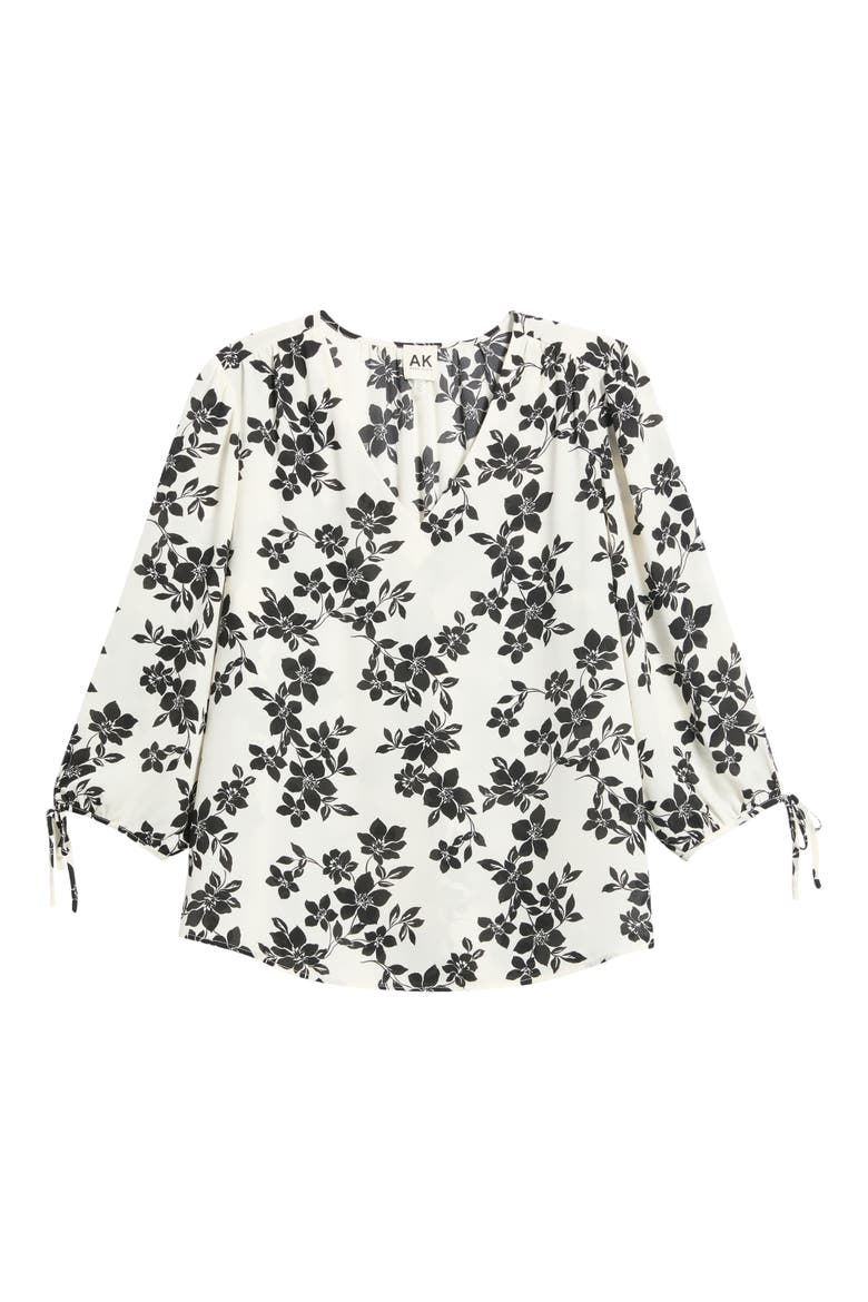 Floral V-Neck Blouse with Tie Cuffs, Alternate, color, WHITE DOVE/ ANNEBLACK