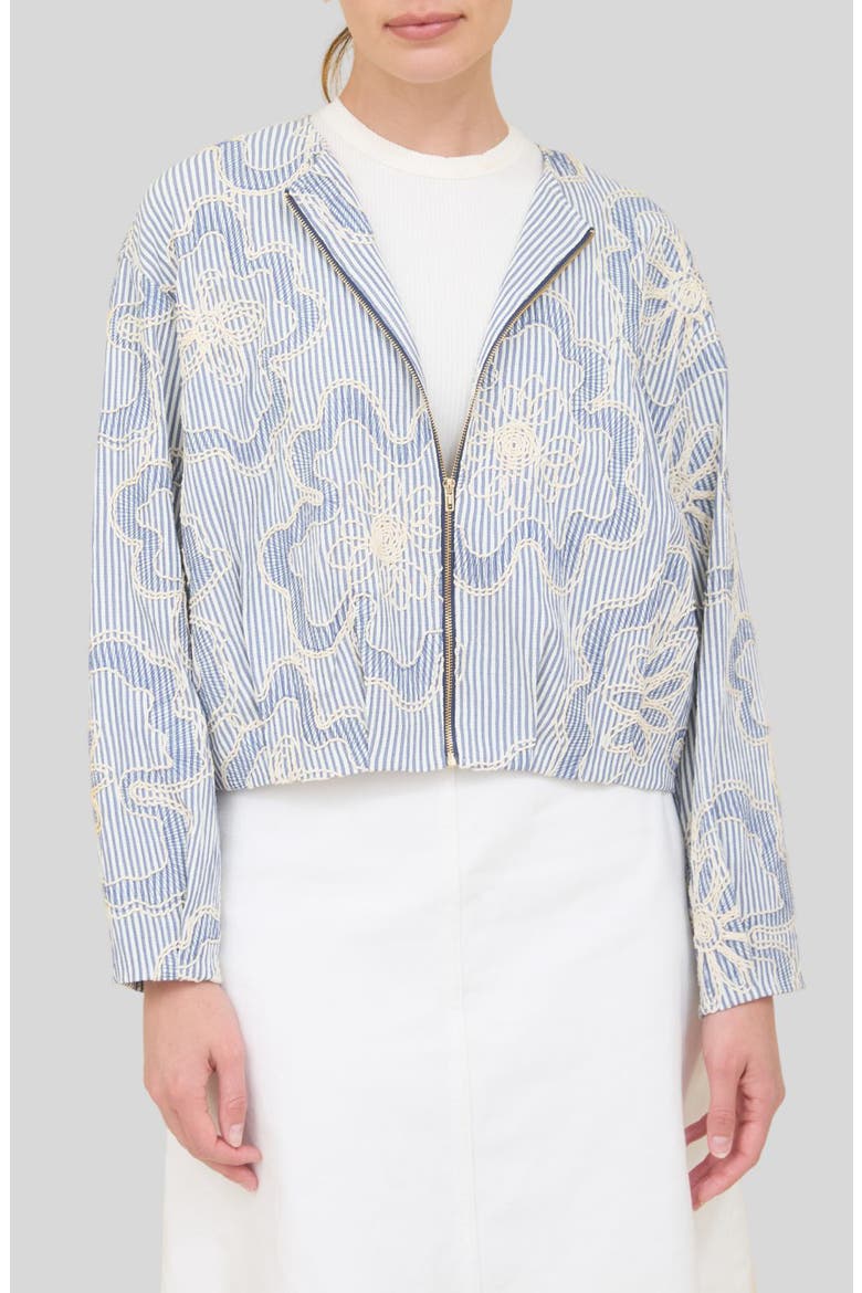 Embroidered Detail Stripe Bomber Jacket, Main, color, BLUE