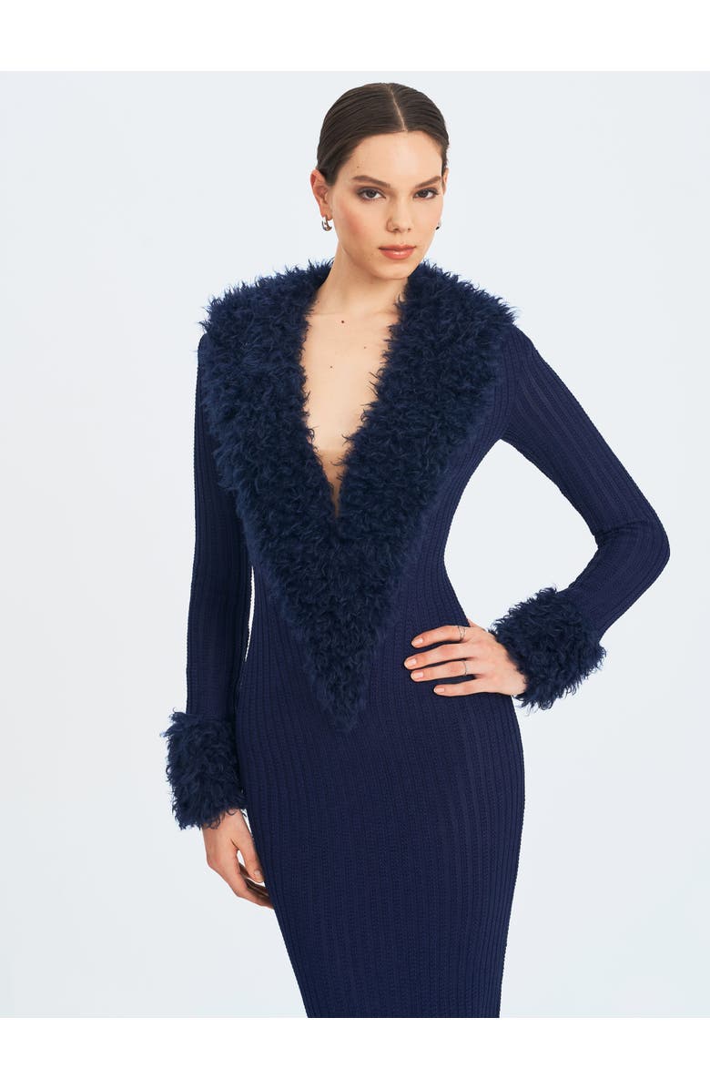 Miss Circle Romina Plunging Fur Trimmed Crochet Maxi Dress, Alternate, color, Navy