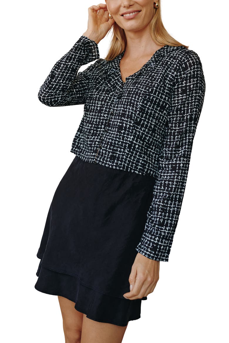 Ruffled Long Sleeve Rayon Top, Alternate, color, GRID PRINT